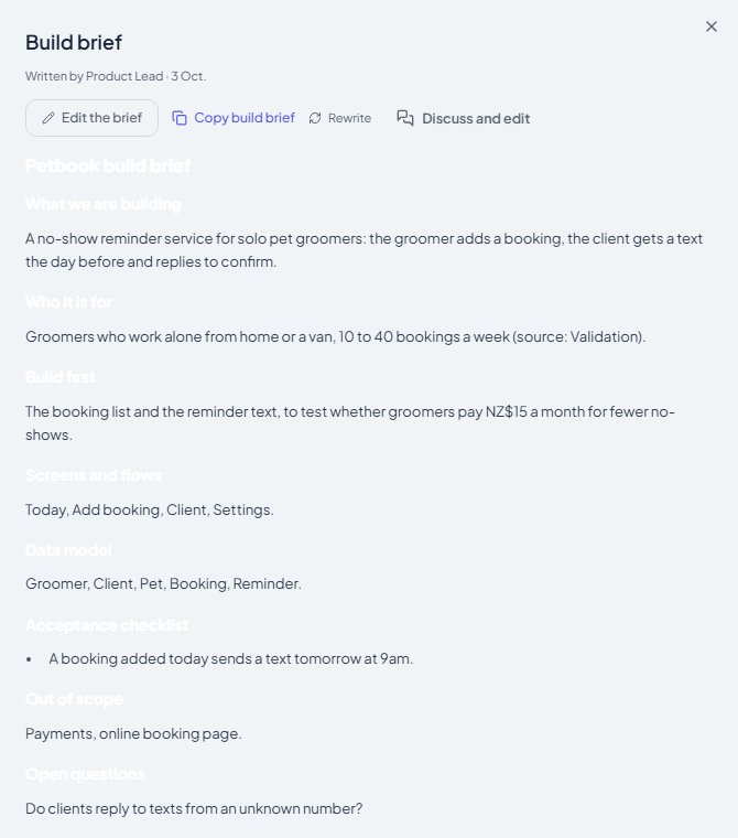 A build brief written by the Product Lead