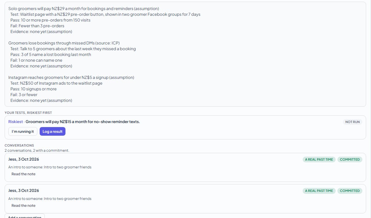Validate stage: three assumptions with tests and thresholds, the riskiest test, and two logged conversations